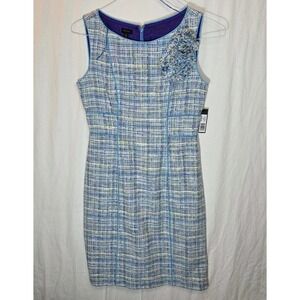NWT Madison Sheath Dress Size 4 Blue Textured Tweed Tailored Sleeveless Knee